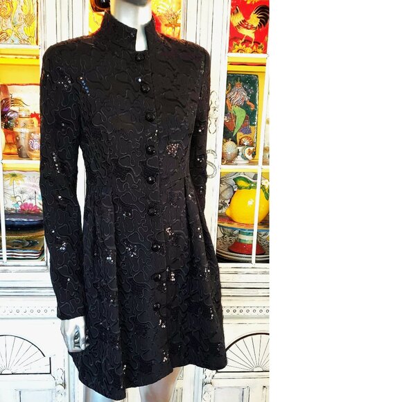 Vintage Betsey Johnson Black Peacoat Embroidered Sequin Dress Coat Jacket S 2 - Picture 6 of 16